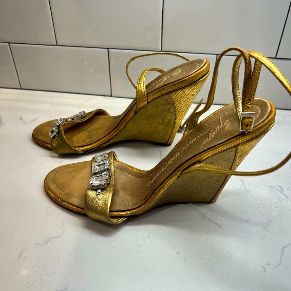 Vintage Giuseppe Zanotti Vicini Italy Gold Strap Wedge Heels With Diamond Accent
